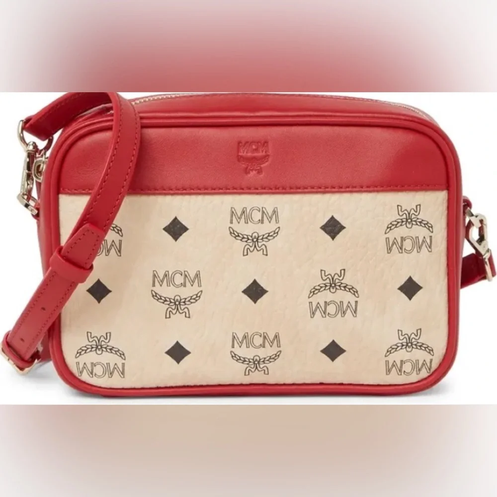MCM Red and Cream Logo Crossbody Bag & Matching Card Holder